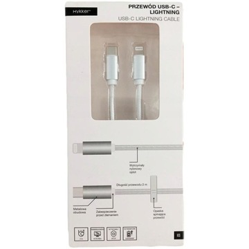 Kabel USB typ C - Apple Lightning 2m Hykker - szybki i wytrzymały