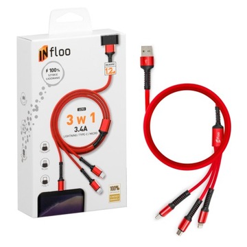 Кабель USB - USB тип C / microUSB / Lighting 3in1 3.4A 1.2m USB-C Mini Braid