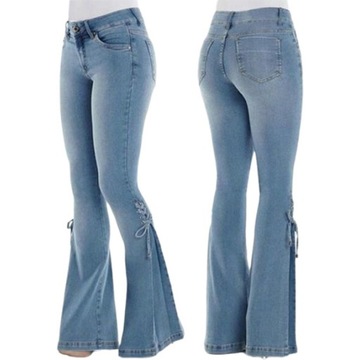 MODNE elegancka spodnie dzwony jeans push up wysoki stan szerokie nogawki