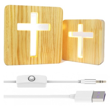 DREWNIANA LAMPKA 3D LED Krzyż Religia wyłącznik