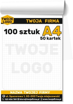 NOTESY klejone A4 BLOCZKI Reklamowe 50-kartkowe z NADRUKIEM Logo 100 sztuk