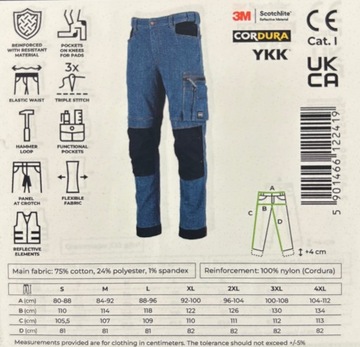 РАБОЧИЕ БРЮКИ STALCO, ДЖИНСЫ ДЛИНОЙ ПО ТАЛИИ, ДЖИНСЫ CORDURA, 3М, МОЛНИЯ YKK, РАЗМЕР. М В2