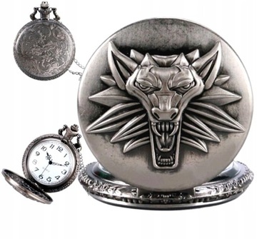 Zegarek Srebrny Męski kieszonkowy steampunk dewizka dziki gon Witcher Wilk