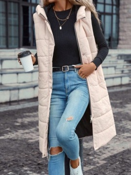 БЕЖЕВЫЙ СТЕГАНЫЙ КЛАССИЧЕСКИЙ ЖИЛЕТ С РУКАВАМИ НА МОЛНИИ И КАПЮШОНОМ EMERY ROSE S