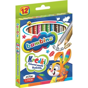 KREDKI OŁÓWKOWE BAMBINO 12 KOLORÓW GRUBE DREWNIANE