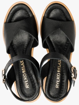 Czarne sandały czółenka skórzane damskie na średnim koturnie RYŁKO licowe