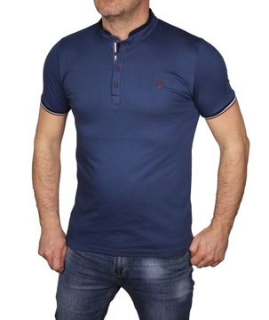 Koszulka męska elegancka niebieska Polska guziki stójka T-shirt bawełna XL