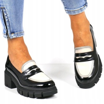 PÓŁBUTY DAMSKIE MOKASYNY PLATFORMA GRUBA PODESZWA LORDSY CZARNE POTOCKI