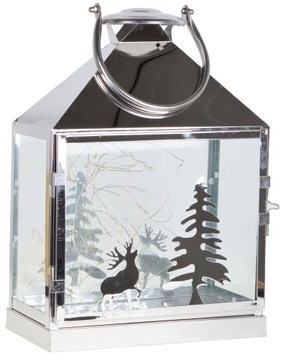 LATARNIA LAMPION METALOWY SREBRNY Z RENIFEREM LED