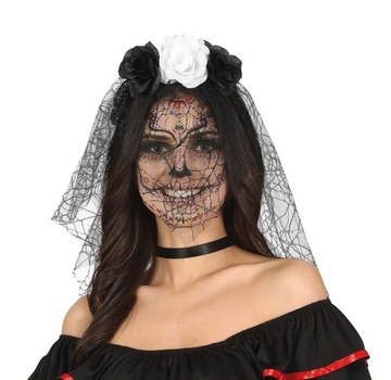 Opaska czarno białe kwiaty z welonem Halloween