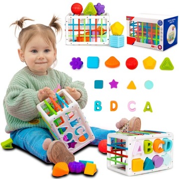 PUDEŁKO EDUKACYJNE SORTER + KLOCKI I LITERY GUMKI 14 SZT.