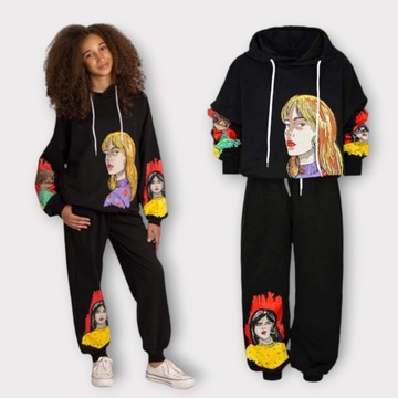 Czarny modny luźny dres dla dziewczynki komplet bluza i spodnie dresowe 128