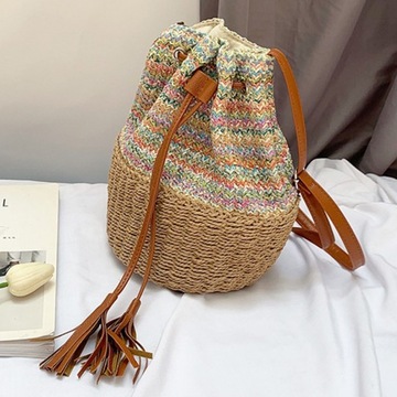 Damska Lato Plaża Torba Na Ramię Ręcznie Robiona Tkana Drawstring Totebag