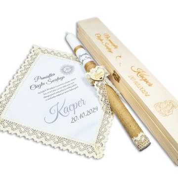 ŚWIECA NA CHRZEST SZATKA I ŚWIECA DO CHRZTU PUDEŁKO Pamiątka Chrztu Boho