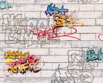TAPETA KOLOROWE GRAFITI NA SZAREJ CEGLE PAPIEROWA