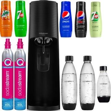 НАБОР XXL САТУРАТОР SODASTREAM БУТЫЛКИ СИРОПЫ CO2 КАРТРИДЖ РАЗЛИЧНЫЕ ВКУСЫ 11в1