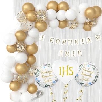 Zestaw Komunijny Balony KOMUNIA Girlanda Balonowa Kurtyna Baner + IMIĘ