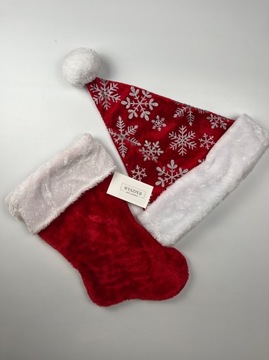 КОМПЛЕКТ Шапка Санты со снежинками + новогодний чулок для подарков