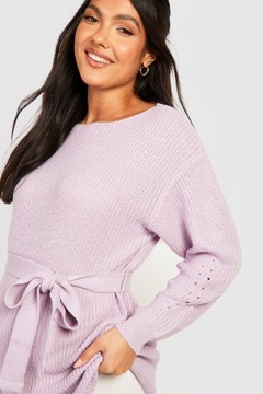 FIOLETOWY SWETER DZIANINOWY Z PASKIEM CIĄŻOWY AŻUROWANY RĘKAW BOOHOO 36