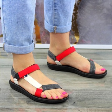 СПОРТИВНЫЕ, РАЗНОЦВЕТНЫЕ ЖЕНСКИЕ САНДАЛИИ НА ЛИПУЧКЕ КРАСНЫЕ