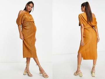 DESIGNex Maternity plisowana sukienka midi na jedno ramię XS
