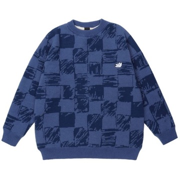 Graffiti Plaid Round Neck Long Sleeve Sweater Men'