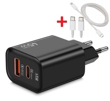 SZYBKA ŁADOWARKA SIECIOWA 45W DO TELEFONU 1xUSB 1x USB-C + SZYBKI KABEL