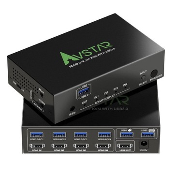Przełącznik KVM Switch HDMI 4K@60Hz 4 Port 4 in 1 Out z USB 3.0 AVstar Ł452