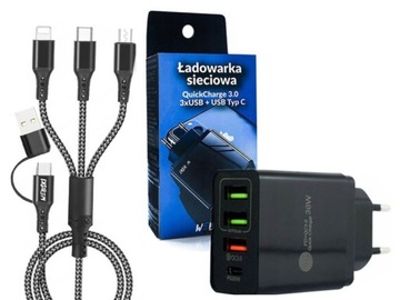 ZASILACZ SIECIOWY DO TELEFONU TABLETU QC 3.0. 3xUSB + PD TYP C Z KABLEM 5W1