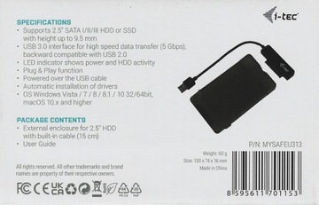 Корпус USB 3.0 для 2,5-дюймового накопителя i-Tec MySafe USB Type-A 3.2 Gen 1, 5 Гбит/с