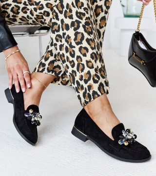 Мокасины женские черные замшевые с декором, туфли 28643, размер 38