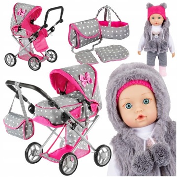 WÓZEK DLA LALEK GŁĘBOKI SPACERÓWKA GONDOLA 3w1 KINDERPLAY + LALKA BOBAS