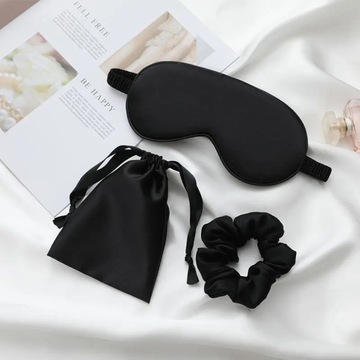 КРАСИВАЯ черная ШЕЛКОВАЯ спальная повязка + БЕСПЛАТНО сумка и резинка