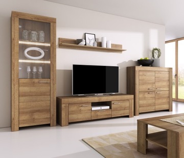 MEBLOŚCIANKA SKY Dąb Riviera Komoda Witryna LED