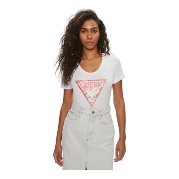 GUESS KOSZULKA DAMSKA T-SHIRT SS RN SATIN TRIANGLE BIAŁA r.M