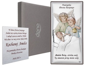 Pamiątka Chrztu Świętego obrazek srebrny na Chrzest kolorowy Aniołki Grawer