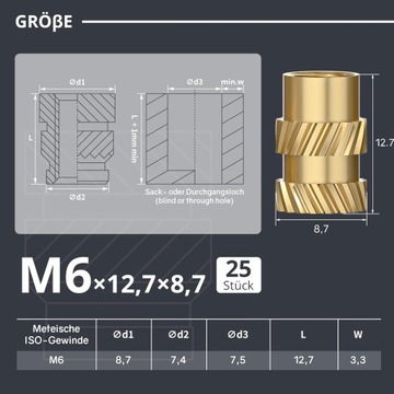 Wkładki gwintowane M6, 25 sztuk, M6 x 12,7 x8,7 do akcesoriów do druku 3D