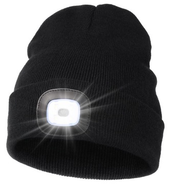 CZAPKA ZIMOWA MĘSKA DAMSKA CIEPŁA BEANIE Z LATARKĄ CZOŁOWA LED USB CZARNA