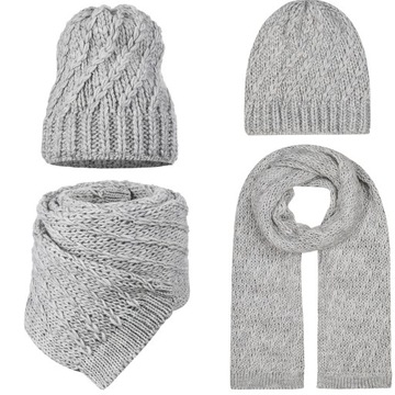 SZALIK SZAL CZAPKA BEANIE KOMPLET DAMSKI KOBIECY 10% WEŁNY JASNY SZARY