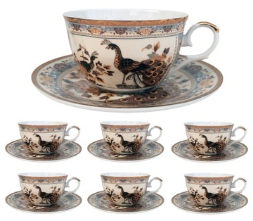 FILIŻANKA SPODEK PORCELANA BRĄZOWE PAWIE 6 SZTUK