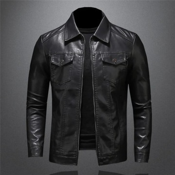 KURTKA MĘSKA Męska skóra motocyklowa kurtka duży rozmiar kieszeń czarny zam