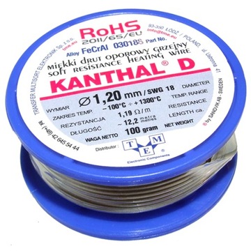 Drut oporowy KANTHAL D ⌀ 1,20mm Masa: 100g