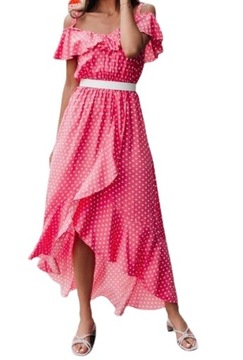 Sukienka damska długa maxi różowa w groszki hiszpanka odkryte ramiona M/L