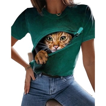 T-SHIRT DAMSKI KOSZULKA WZÓR 3D KOT FULLPRINT