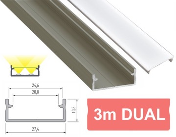PROFIL LED DUAL 3m SZEROKI NA DWIE TAŚMY LED DUAL INOX 3M Z KLOSZEM PMMA
