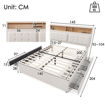 DOPPELPOLSTERBETT MIT 4 SCHUBLADEN UND USB-C-BUCHSE 140X200 CM MIT MATRATZE