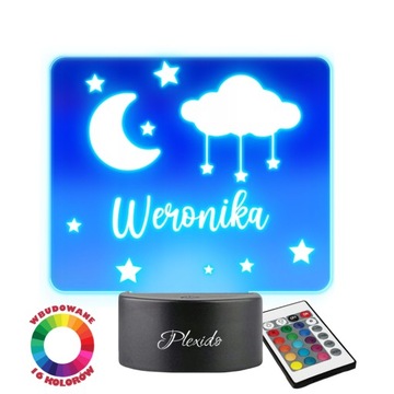 Lampka Nocna Dla Dzieci Księżyc I Chmura Twój Napis Grawer Prezent 3D LED