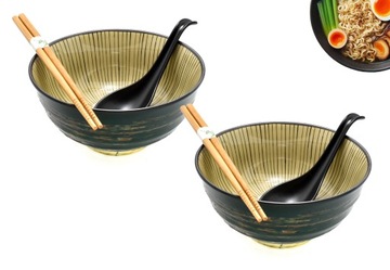 Komplet 2 misek z łyżkami i pałeczkami - Ramen Midori Kiiro 17 cm 800 ml