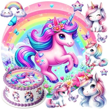 Opłatek na tort JEDNOROŻEC Unicorn tęcza urodziny ZESTAW tekst