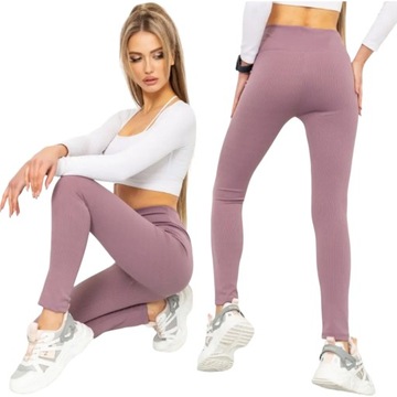 LEGGINSY PRĄŻKOWANE modelujące Z WYSOKIM STANEM bambusowe DŁUGIE L/XL